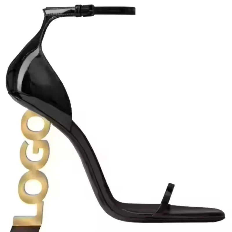 2026 Summer Sexy Black Luxury Designer Classic Logo Leather Women's High Heels Letter Sandals Peep Fashion Toe High Heel Shoes