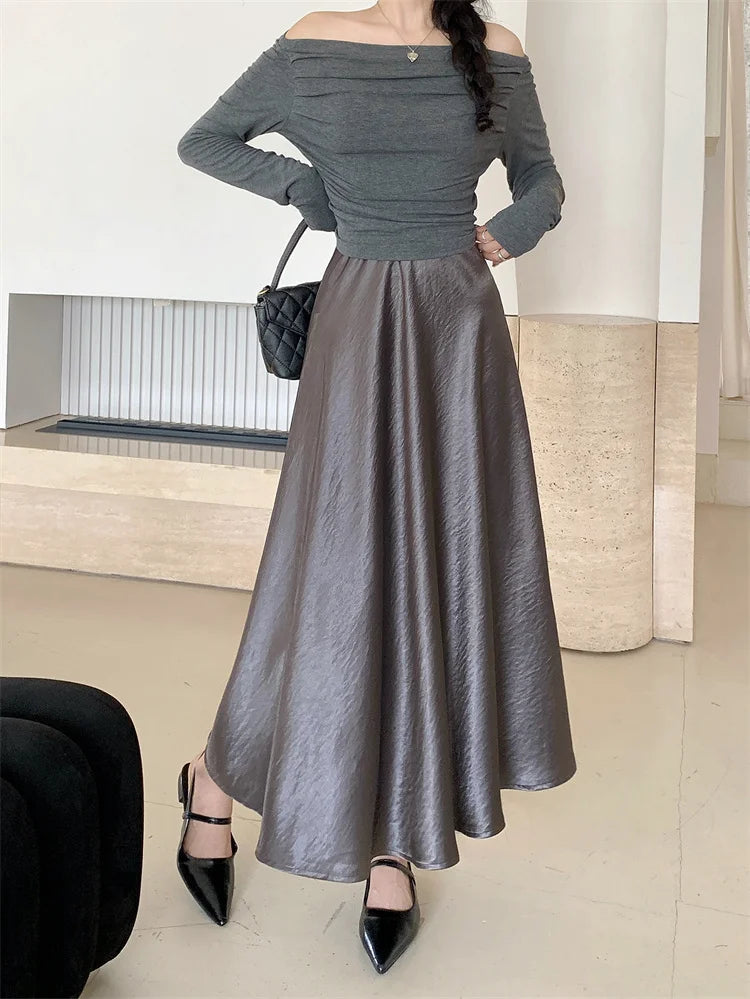 AOSSVIAO Satin Half-Body Skirt Female 2026 Spring New Korean Fashion Temperament Elegant Solid Casual A-line Skirts