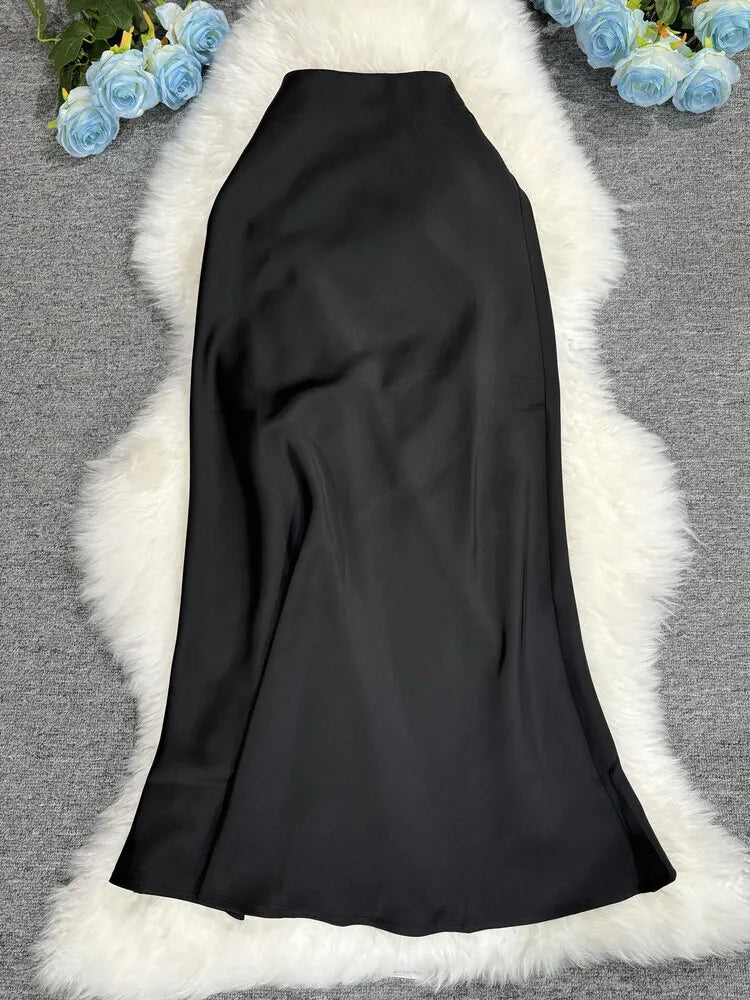 New In 2025 Women Spring Autumn Luxury Satin Long Skirts Female Elegant Office Lady High Waist Solid Color Faldas