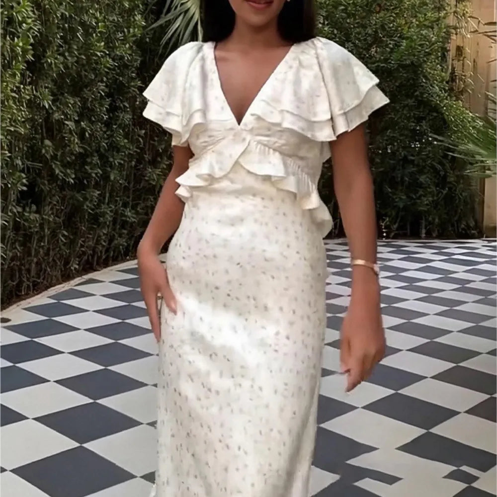Fashionable Temperament  Elegant Ruffled V-neck Slim Waist-hugging Dress Floral Print Trendy V-link Low Cut Vestidos Vacation