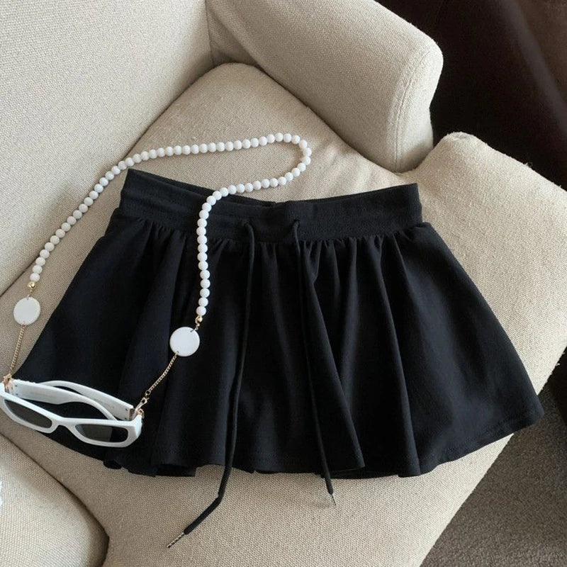 Summer Women Sports A Line Skirts for Women Summer High Waist Drawstring Solid Mini Skirts Female Sweet All Match Ballet Skirts