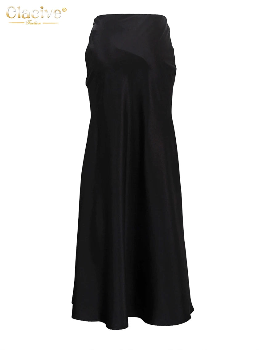Clacive Fashion Loose Black Satin Women's Skirt 2025 Casual High Waist Maxi Skrit Elegant Classic Solid Skirt Female Clothing