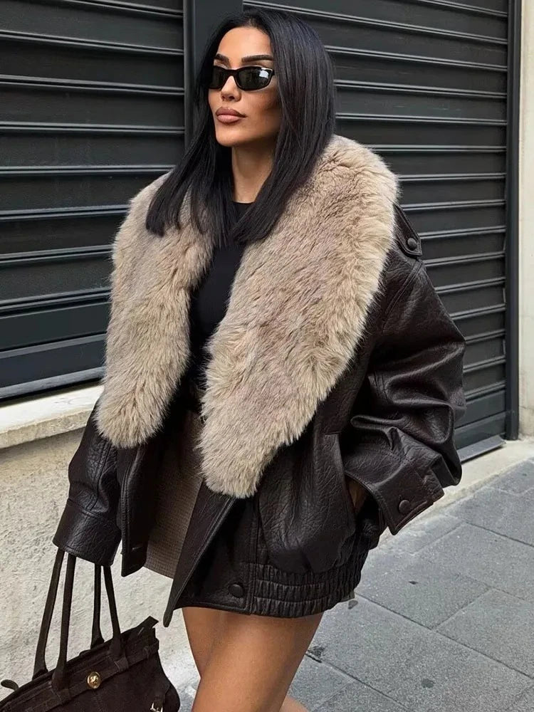 Fashion Removed Faux Fur Collar Causal Coat Faux Leather Jacket Grow Leather Jacket Women Loose Outwear Women's Bomber Jacket