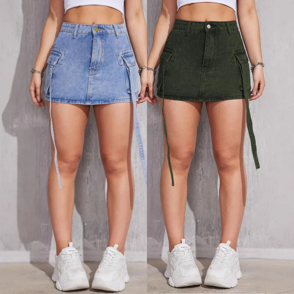 Denim Skirts for Women Distressed Washed Multiple Pockets Skinny Straight Above Knee Summer 2025 Female Streetwear Short Skirt