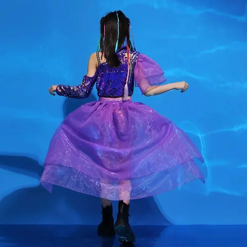 Fashion Girls' Walking Show Fashion Dress Model Photography Purple Suit Children's Jazz Dance Girl Dance Performance Dress Fashi