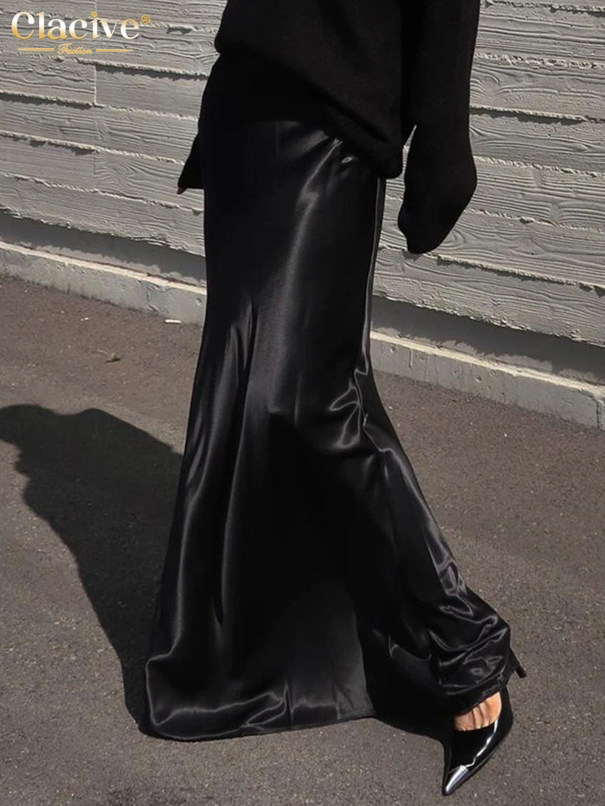 Clacive Fashion Loose Black Satin Women's Skirt 2025 Casual High Waist Maxi Skrit Elegant Classic Solid Skirt Female Clothing