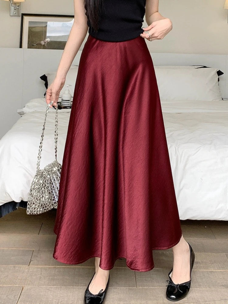 AOSSVIAO Satin Half-Body Skirt Female 2026 Spring New Korean Fashion Temperament Elegant Solid Casual A-line Skirts