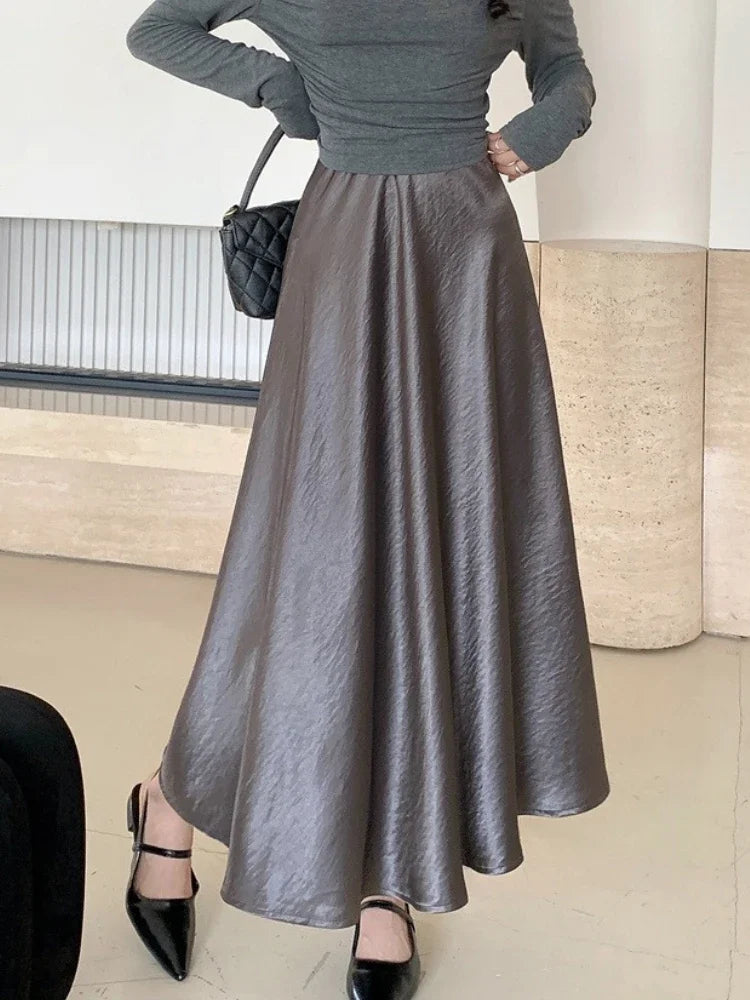 AOSSVIAO Satin Half-Body Skirt Female 2026 Spring New Korean Fashion Temperament Elegant Solid Casual A-line Skirts