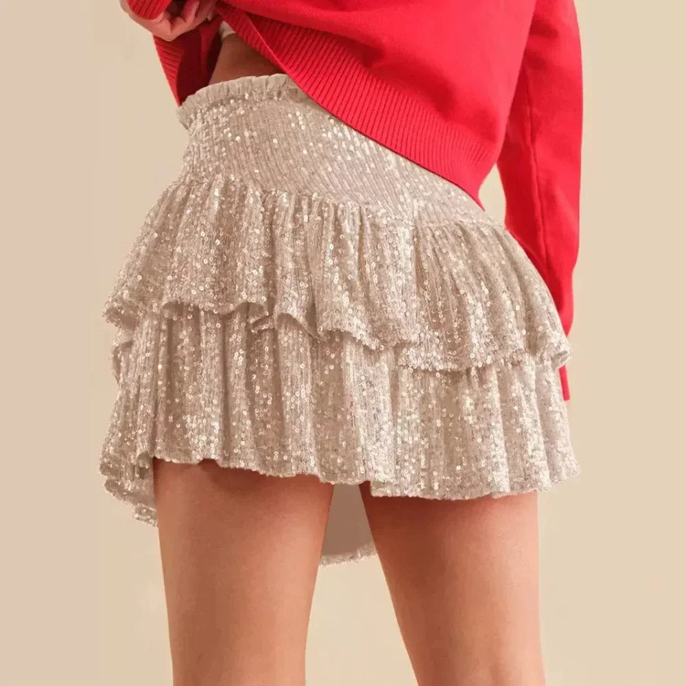 2026 Bling Sequined Sexy Mini Skirts for Women African Party Evening Pleated Skirts Spring Summer High Waist Solid A-LINE Skirt