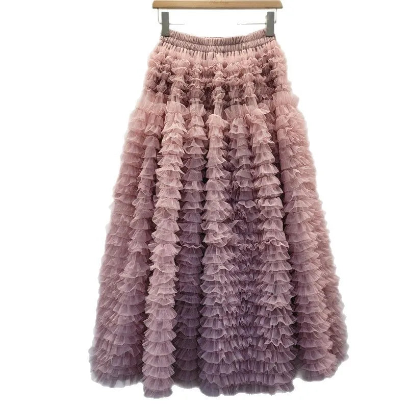 YEAE Summer New Sweet Girl Puffy Cake Skirt Women's Heavy Layer Mesh Design High Waist Kawaii Party A Line Mid-length Skirts