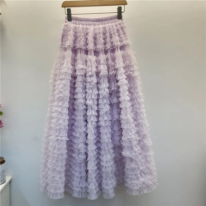 YEAE Summer New Sweet Girl Puffy Cake Skirt Women's Heavy Layer Mesh Design High Waist Kawaii Party A Line Mid-length Skirts