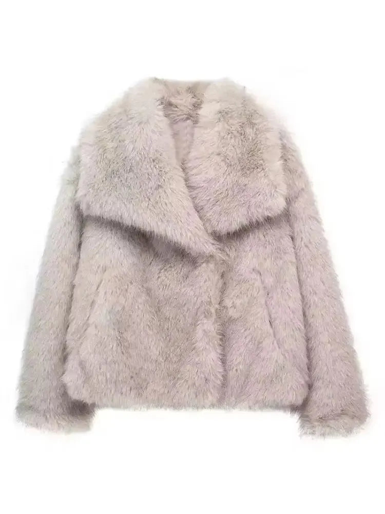 HH Women Fashion Faux Fur Jacket Vintage Turn-Down Collar Long Sleeve Coat Autumn Winter Woman Elegant Streetwear