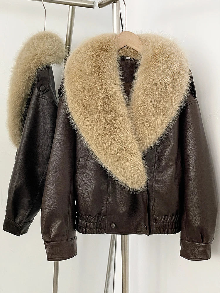 Fashion Removed Faux Fur Collar Causal Coat Faux Leather Jacket Grow Leather Jacket Women Loose Outwear Women's Bomber Jacket