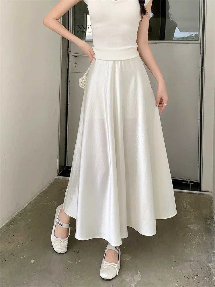 AOSSVIAO Satin Half-Body Skirt Female 2026 Spring New Korean Fashion Temperament Elegant Solid Casual A-line Skirts