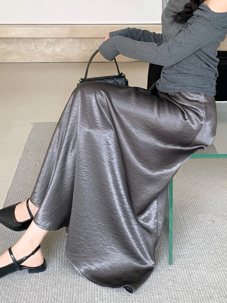AOSSVIAO Satin Half-Body Skirt Female 2026 Spring New Korean Fashion Temperament Elegant Solid Casual A-line Skirts
