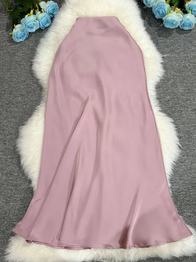 New In 2025 Women Spring Autumn Luxury Satin Long Skirts Female Elegant Office Lady High Waist Solid Color Faldas