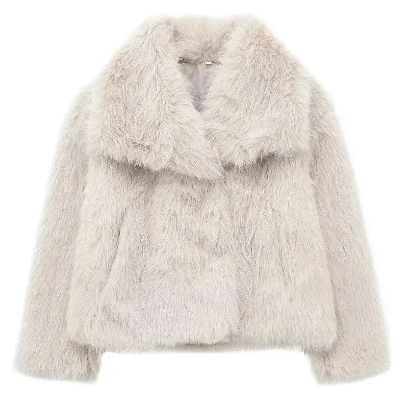 HH Women Fashion Faux Fur Jacket Vintage Turn-Down Collar Long Sleeve Coat Autumn Winter Woman Elegant Streetwear
