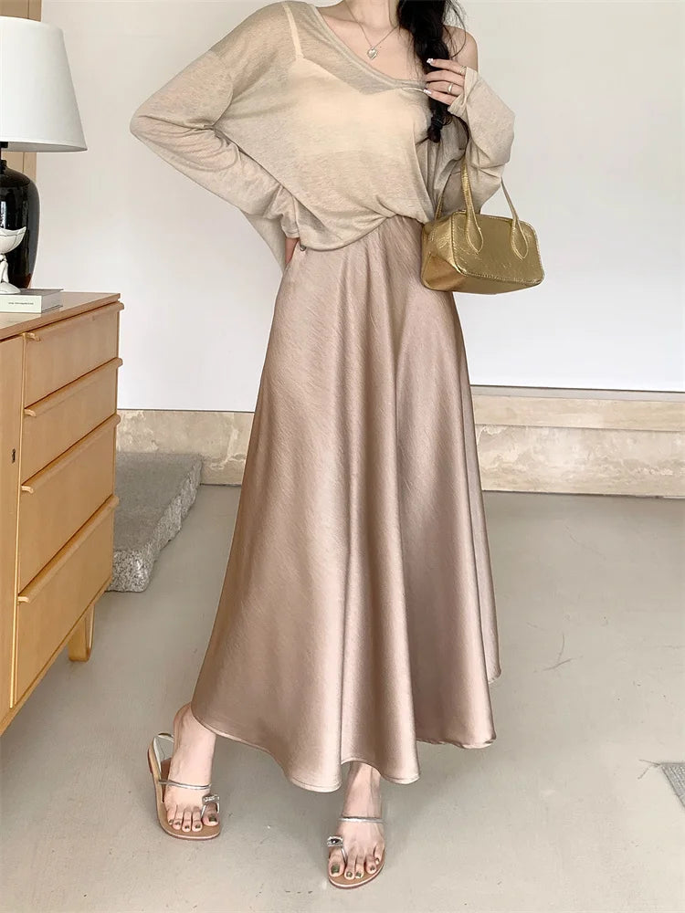 AOSSVIAO Satin Half-Body Skirt Female 2026 Spring New Korean Fashion Temperament Elegant Solid Casual A-line Skirts