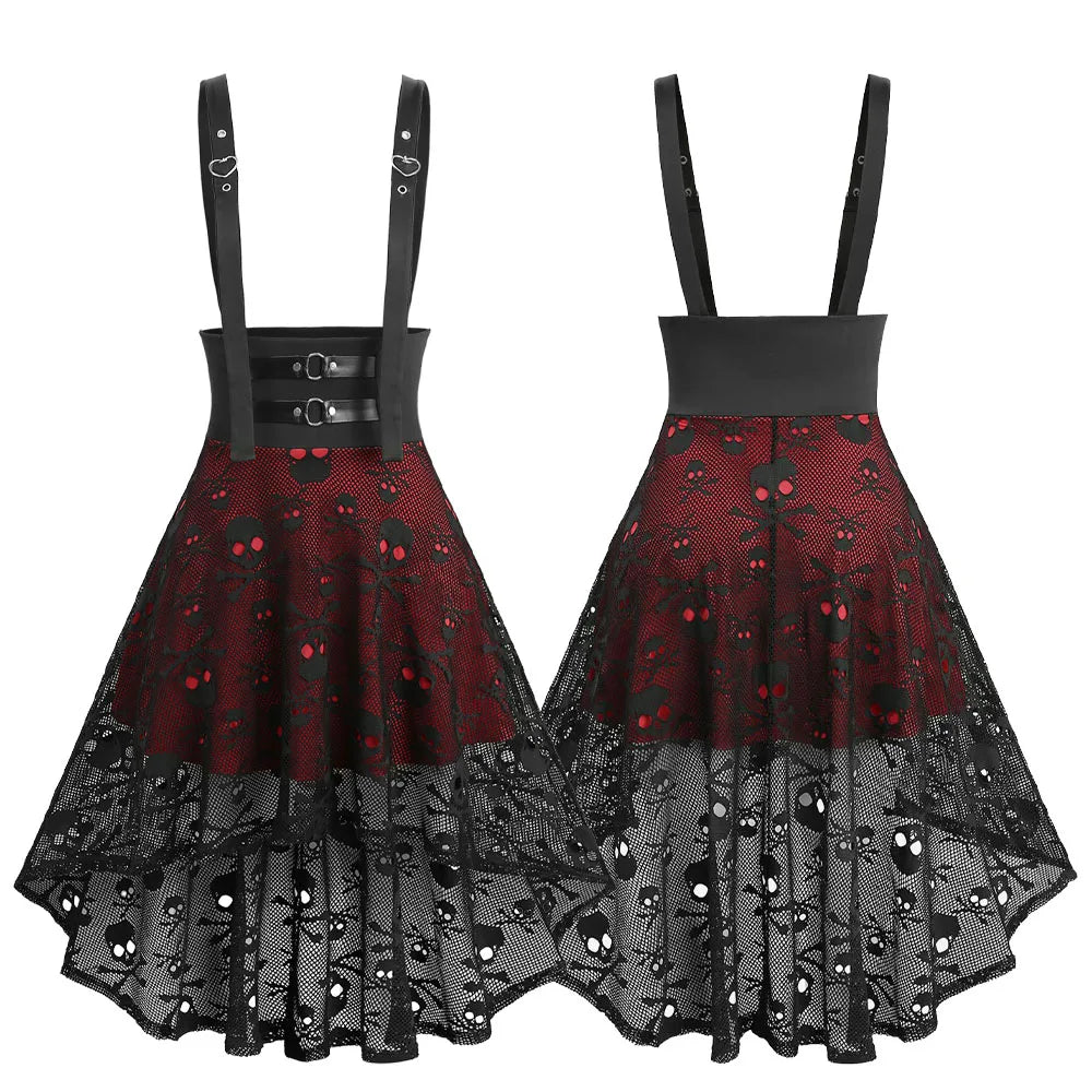 Women's Gothic Skirts New Trend Punk Skull Fishnet Overlay High Low Asymmetric Suspender Skirt