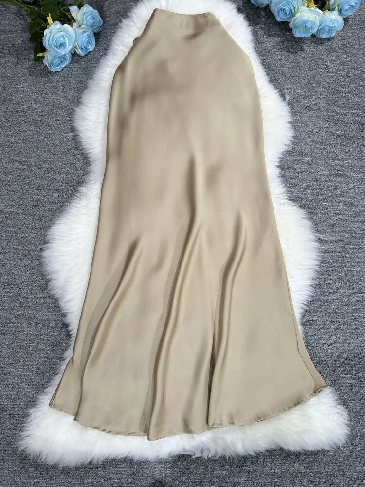 New In 2025 Women Spring Autumn Luxury Satin Long Skirts Female Elegant Office Lady High Waist Solid Color Faldas