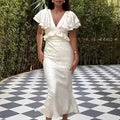 Fashionable Temperament  Elegant Ruffled V-neck Slim Waist-hugging Dress Floral Print Trendy V-link Low Cut Vestidos Vacation