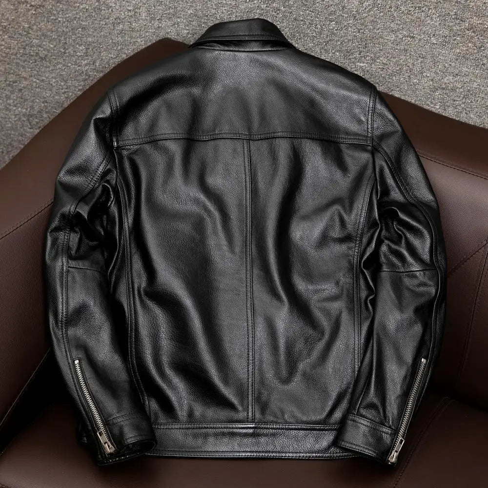 Europe and America Fashion Men Solid Color Simple Basic Casual Trendy Turn-down Collar Long Sleeve Faux Leather Coats Male Tops