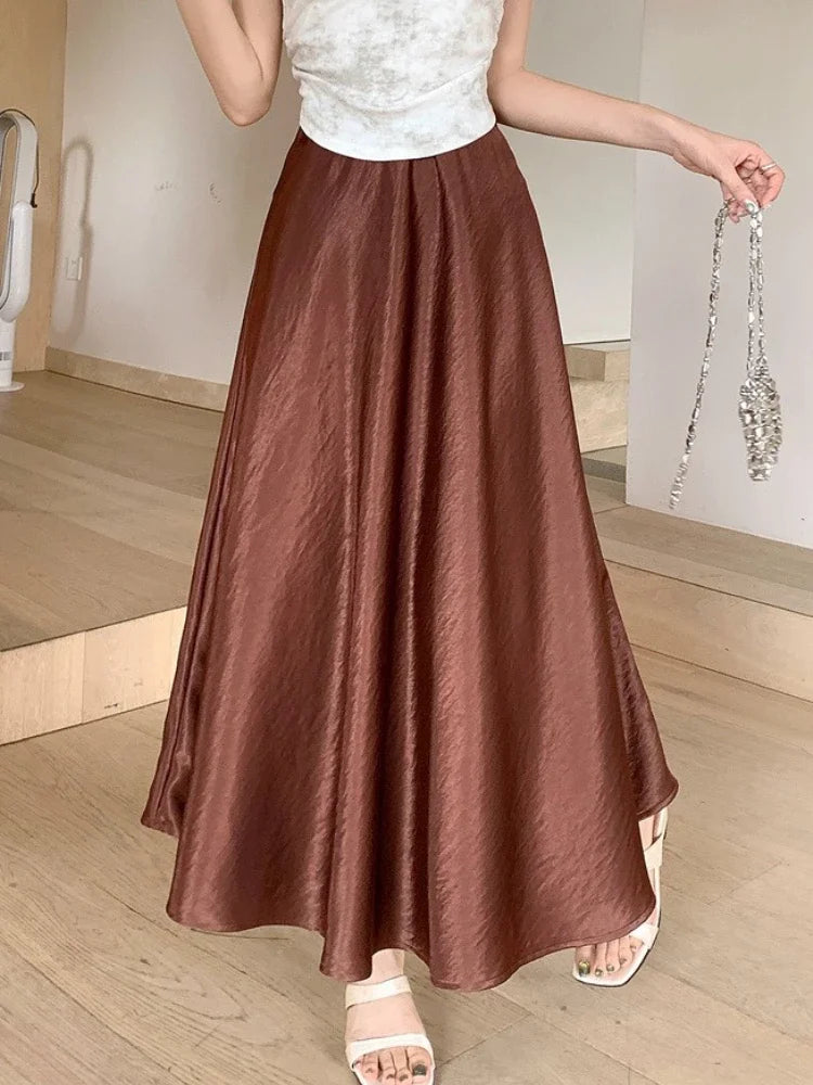 AOSSVIAO Satin Half-Body Skirt Female 2026 Spring New Korean Fashion Temperament Elegant Solid Casual A-line Skirts