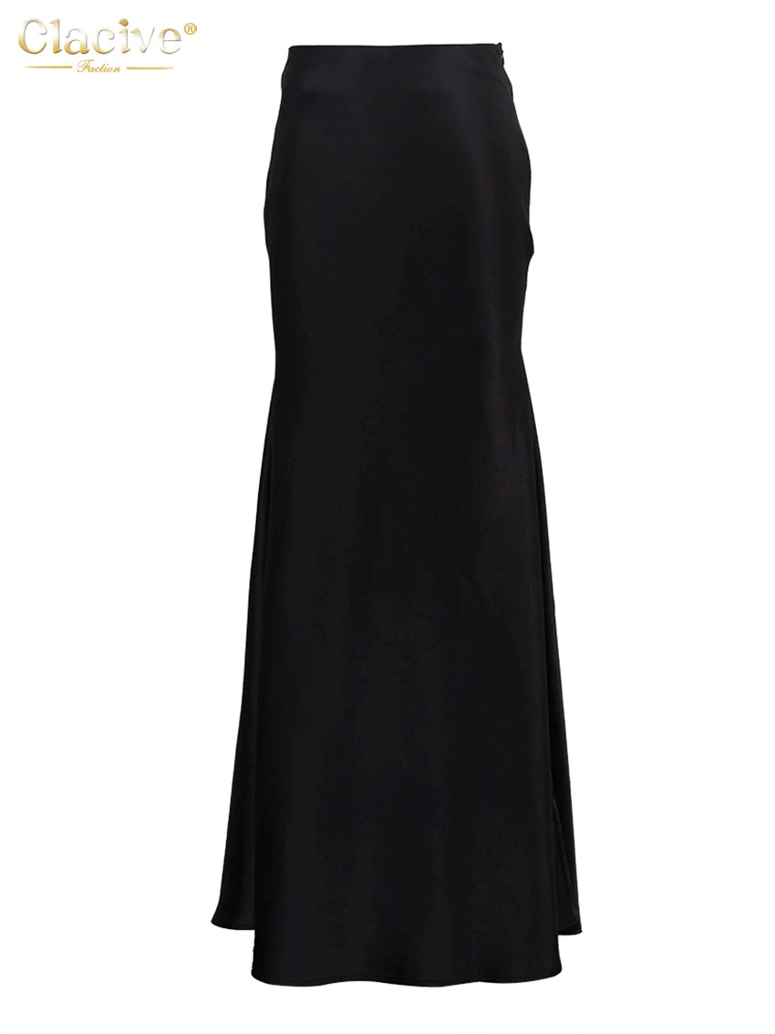 Clacive Fashion Loose Black Satin Women's Skirt 2025 Casual High Waist Maxi Skrit Elegant Classic Solid Skirt Female Clothing