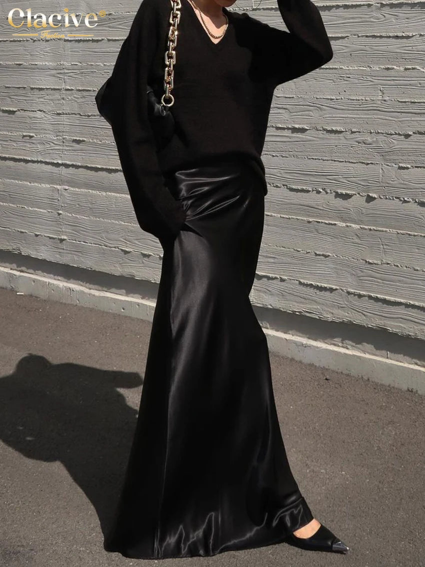 Clacive Fashion Loose Black Satin Women's Skirt 2025 Casual High Waist Maxi Skrit Elegant Classic Solid Skirt Female Clothing