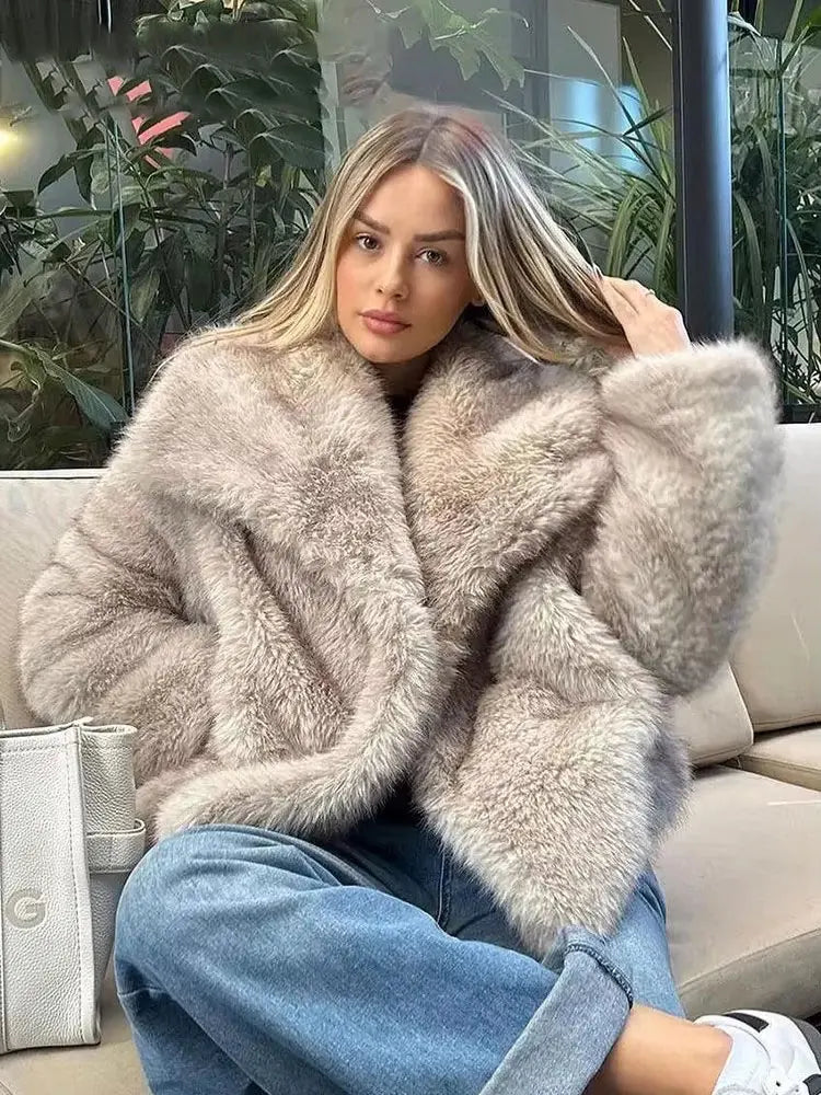 HH Women Fashion Faux Fur Jacket Vintage Turn-Down Collar Long Sleeve Coat Autumn Winter Woman Elegant Streetwear