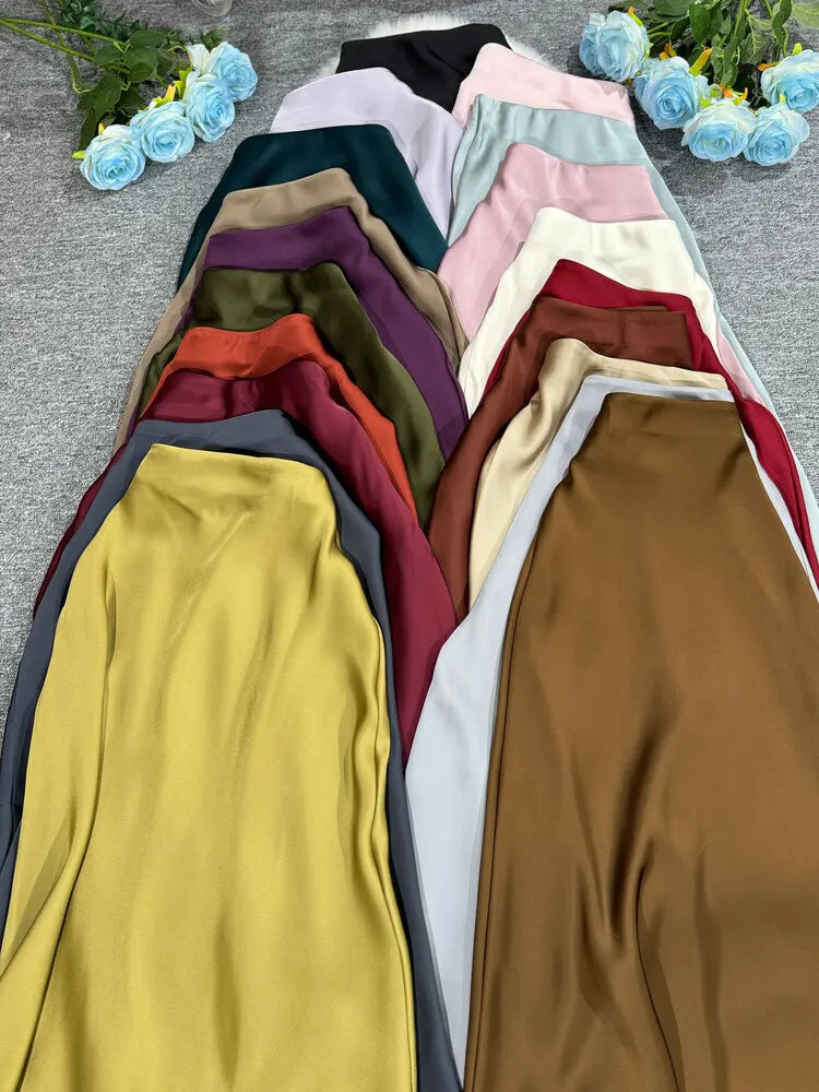 New In 2025 Women Spring Autumn Luxury Satin Long Skirts Female Elegant Office Lady High Waist Solid Color Faldas
