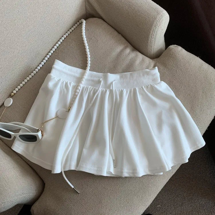 Summer Women Sports A Line Skirts for Women Summer High Waist Drawstring Solid Mini Skirts Female Sweet All Match Ballet Skirts