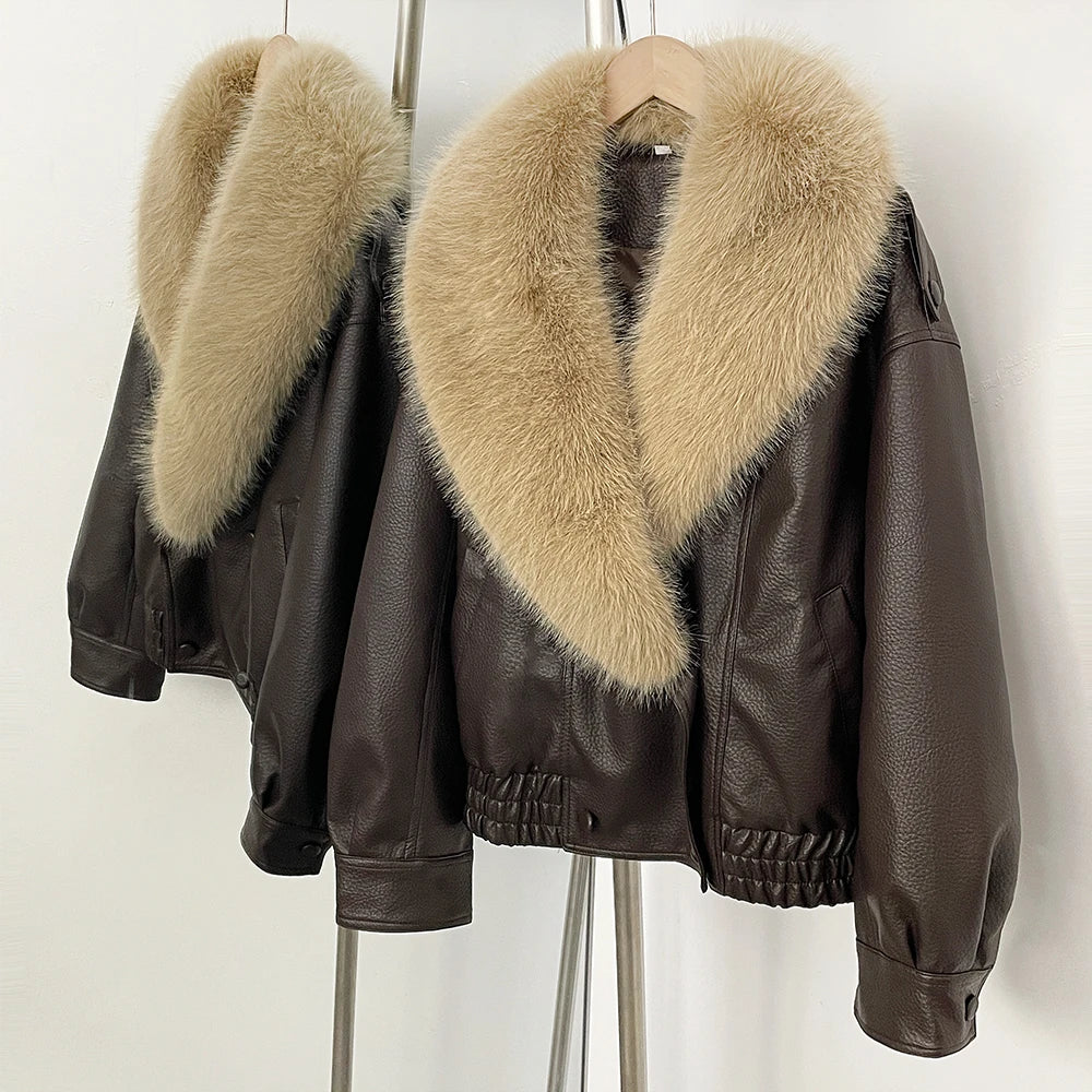 Fashion Removed Faux Fur Collar Causal Coat Faux Leather Jacket Grow Leather Jacket Women Loose Outwear Women's Bomber Jacket