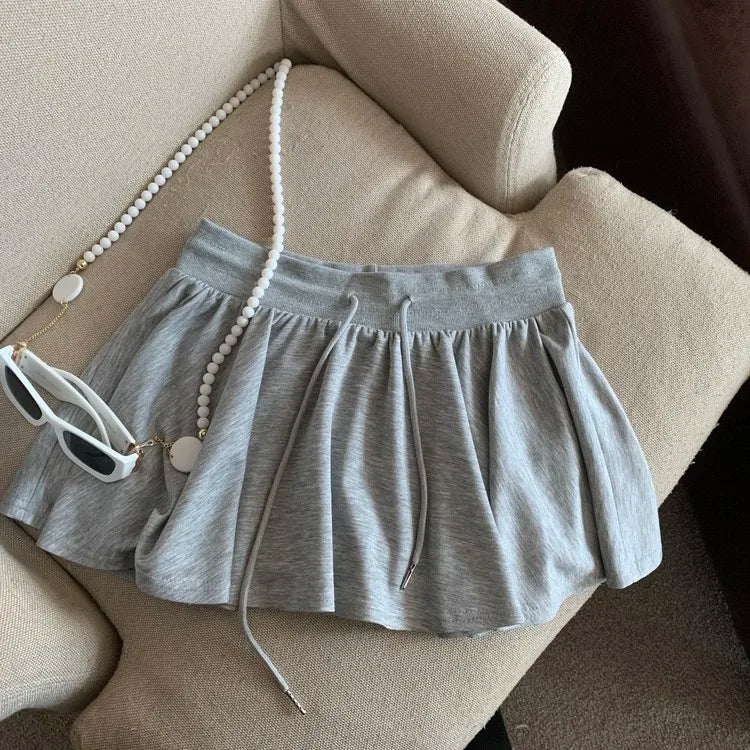 Summer Women Sports A Line Skirts for Women Summer High Waist Drawstring Solid Mini Skirts Female Sweet All Match Ballet Skirts