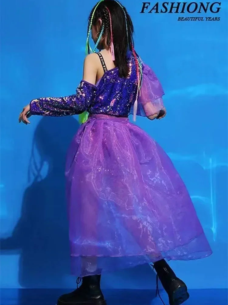 Fashion Girls' Walking Show Fashion Dress Model Photography Purple Suit Children's Jazz Dance Girl Dance Performance Dress Fashi