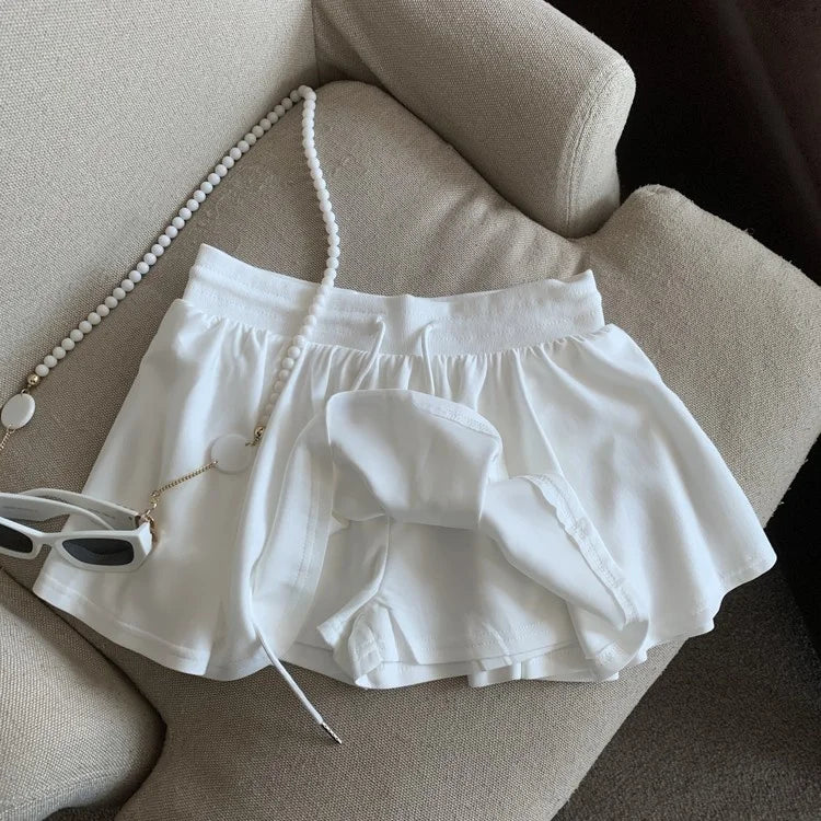 Summer Women Sports A Line Skirts for Women Summer High Waist Drawstring Solid Mini Skirts Female Sweet All Match Ballet Skirts