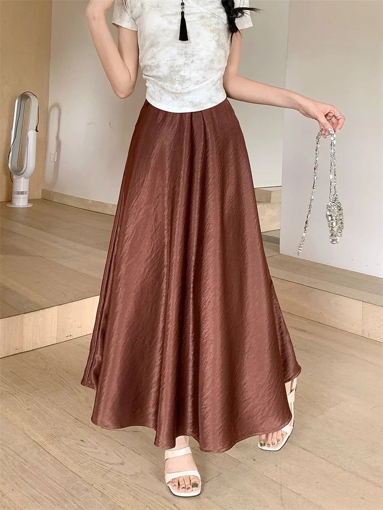 AOSSVIAO Satin Half-Body Skirt Female 2026 Spring New Korean Fashion Temperament Elegant Solid Casual A-line Skirts