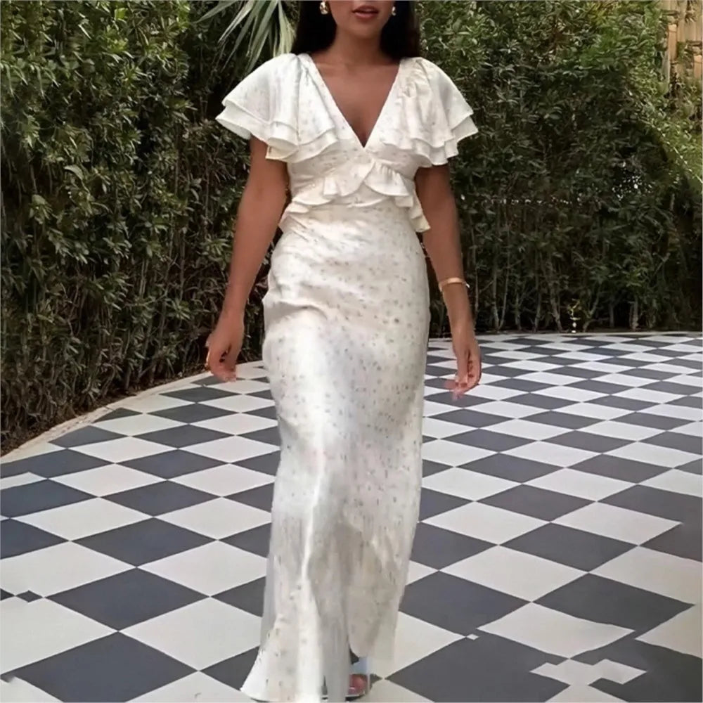 Fashionable Temperament  Elegant Ruffled V-neck Slim Waist-hugging Dress Floral Print Trendy V-link Low Cut Vestidos Vacation