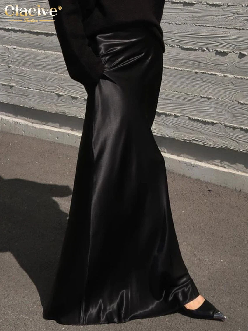 Clacive Fashion Loose Black Satin Women's Skirt 2025 Casual High Waist Maxi Skrit Elegant Classic Solid Skirt Female Clothing