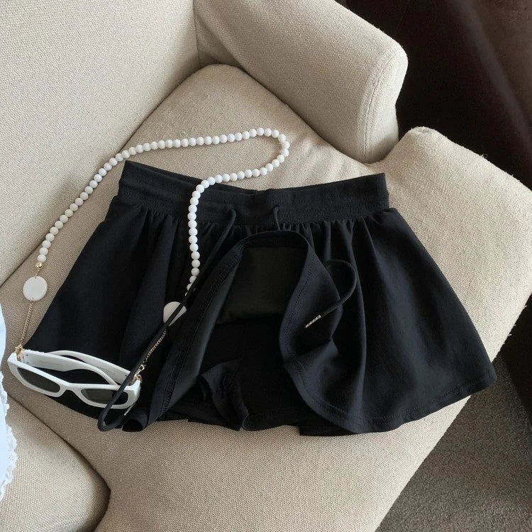 Summer Women Sports A Line Skirts for Women Summer High Waist Drawstring Solid Mini Skirts Female Sweet All Match Ballet Skirts