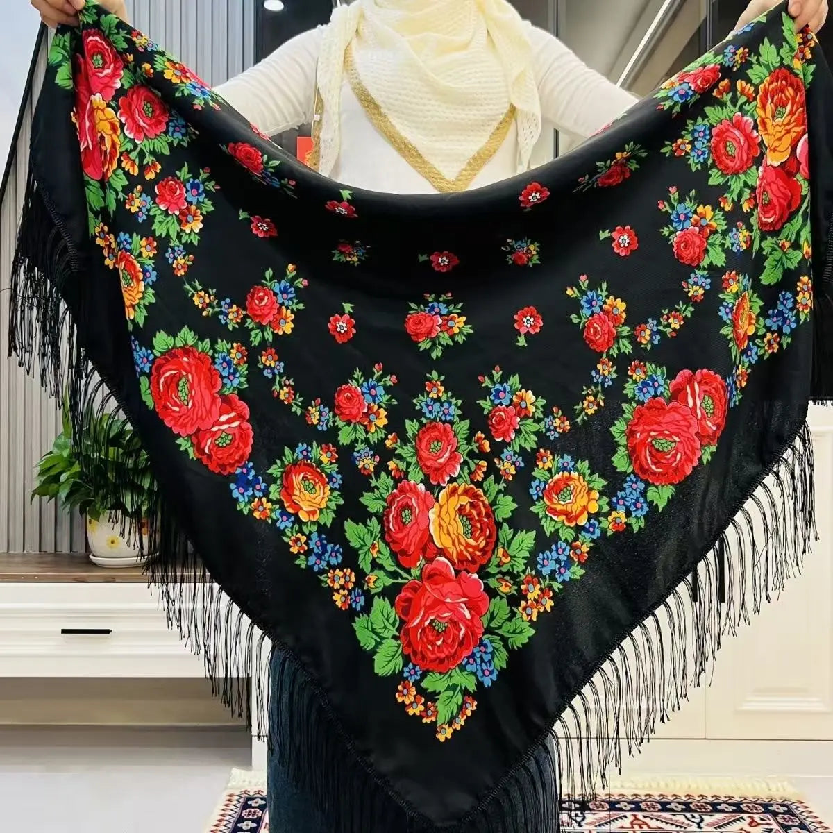 Russian Scarf for Women Square Handkerchief Floral Colorful Cotton Ethnic Girl's Head Wrap Lucky Party Daily Babushka Scarves