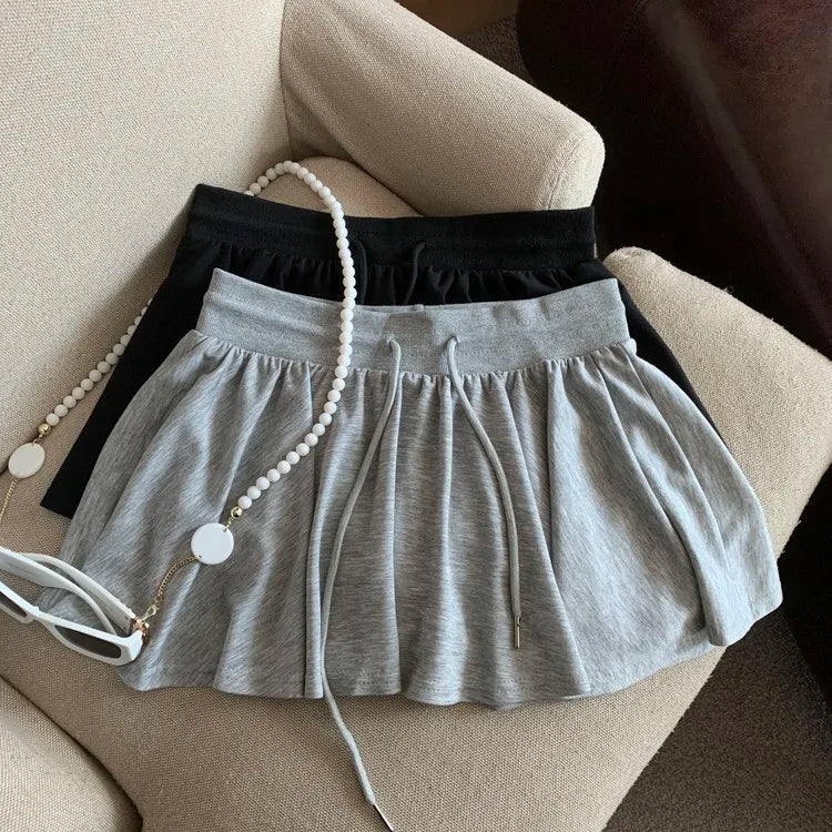 Summer Women Sports A Line Skirts for Women Summer High Waist Drawstring Solid Mini Skirts Female Sweet All Match Ballet Skirts