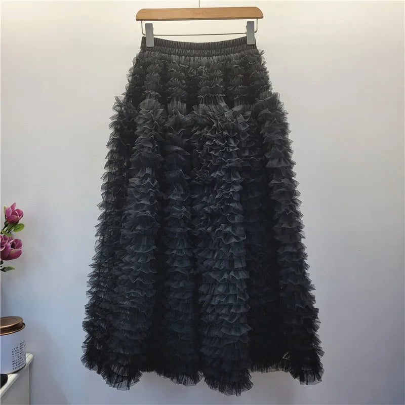 YEAE Summer New Sweet Girl Puffy Cake Skirt Women's Heavy Layer Mesh Design High Waist Kawaii Party A Line Mid-length Skirts