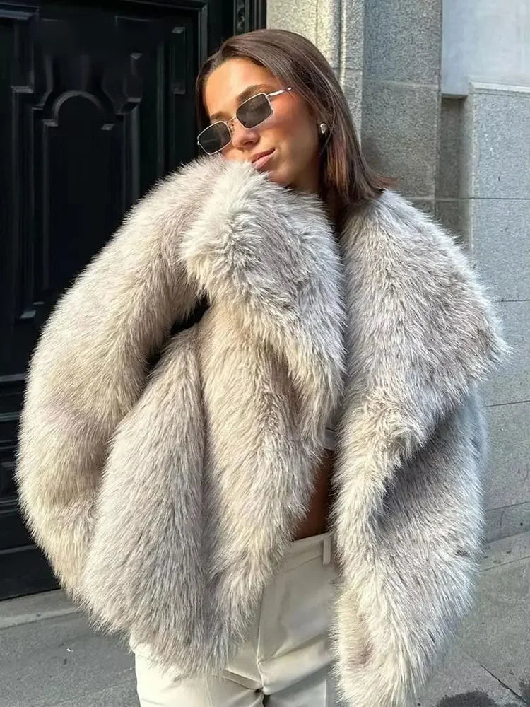 HH Women Fashion Faux Fur Jacket Vintage Turn-Down Collar Long Sleeve Coat Autumn Winter Woman Elegant Streetwear