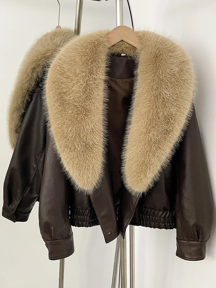 Fashion Removed Faux Fur Collar Causal Coat Faux Leather Jacket Grow Leather Jacket Women Loose Outwear Women's Bomber Jacket