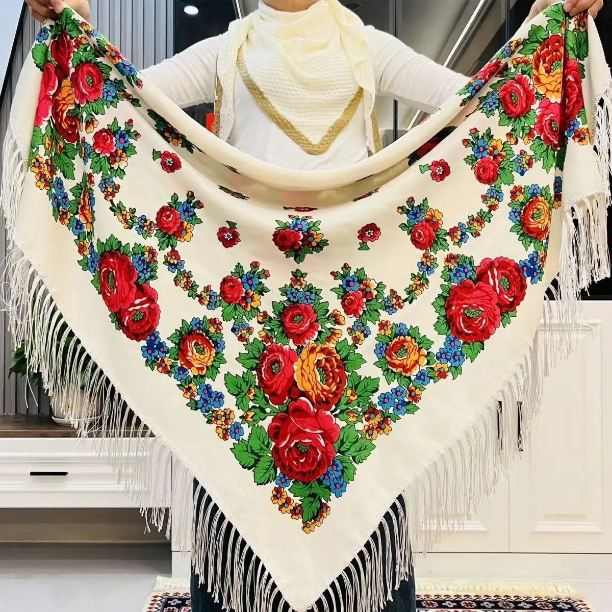 Russian Scarf for Women Square Handkerchief Floral Colorful Cotton Ethnic Girl's Head Wrap Lucky Party Daily Babushka Scarves