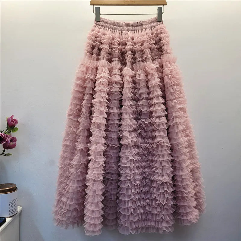 YEAE Summer New Sweet Girl Puffy Cake Skirt Women's Heavy Layer Mesh Design High Waist Kawaii Party A Line Mid-length Skirts