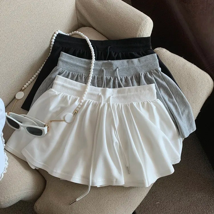 Summer Women Sports A Line Skirts for Women Summer High Waist Drawstring Solid Mini Skirts Female Sweet All Match Ballet Skirts