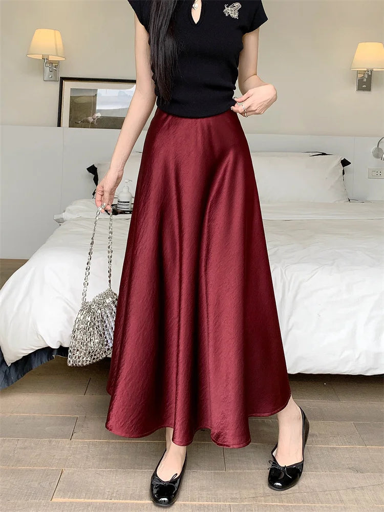 AOSSVIAO Satin Half-Body Skirt Female 2026 Spring New Korean Fashion Temperament Elegant Solid Casual A-line Skirts
