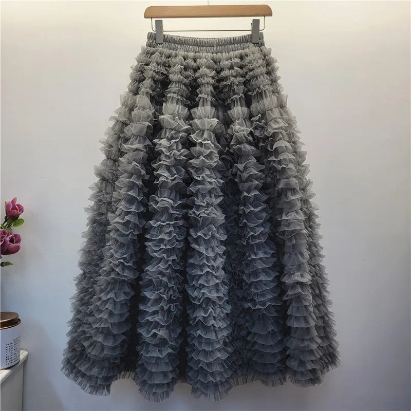 YEAE Summer New Sweet Girl Puffy Cake Skirt Women's Heavy Layer Mesh Design High Waist Kawaii Party A Line Mid-length Skirts